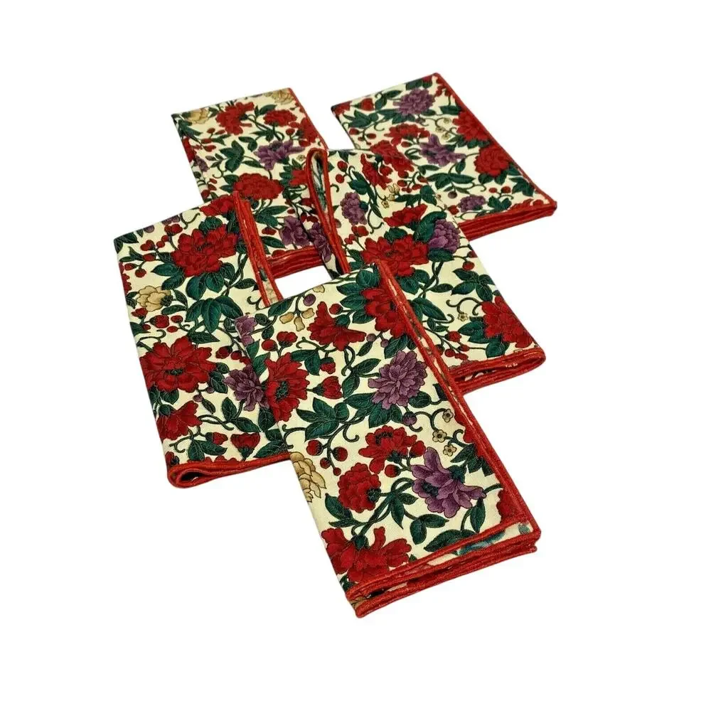 Vintage Fabric Napkins (5) 1980's Cocktail Dessert Sized Red Green Gold Floral